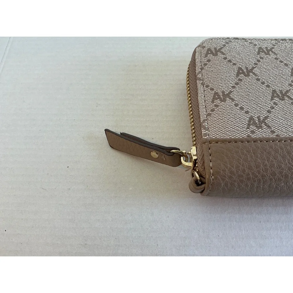 Anne Klein Monogram Zip Around Wallet Taupe Beige Logo Gold Tone Lion Large Slim